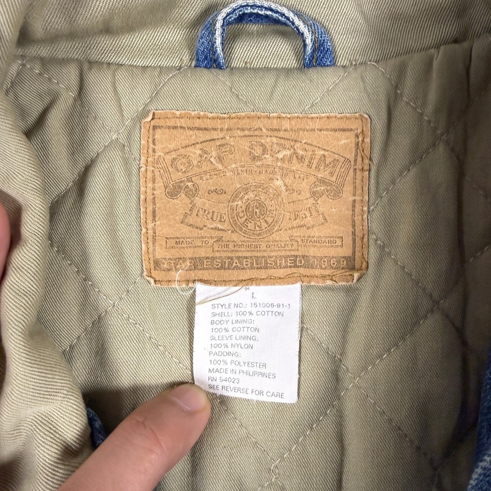 Vintage 90s GAP Denim Jacket Mens L Blue Tan Quilted Lined Two Tone Sleeve Y2K - Picture 4 of 9